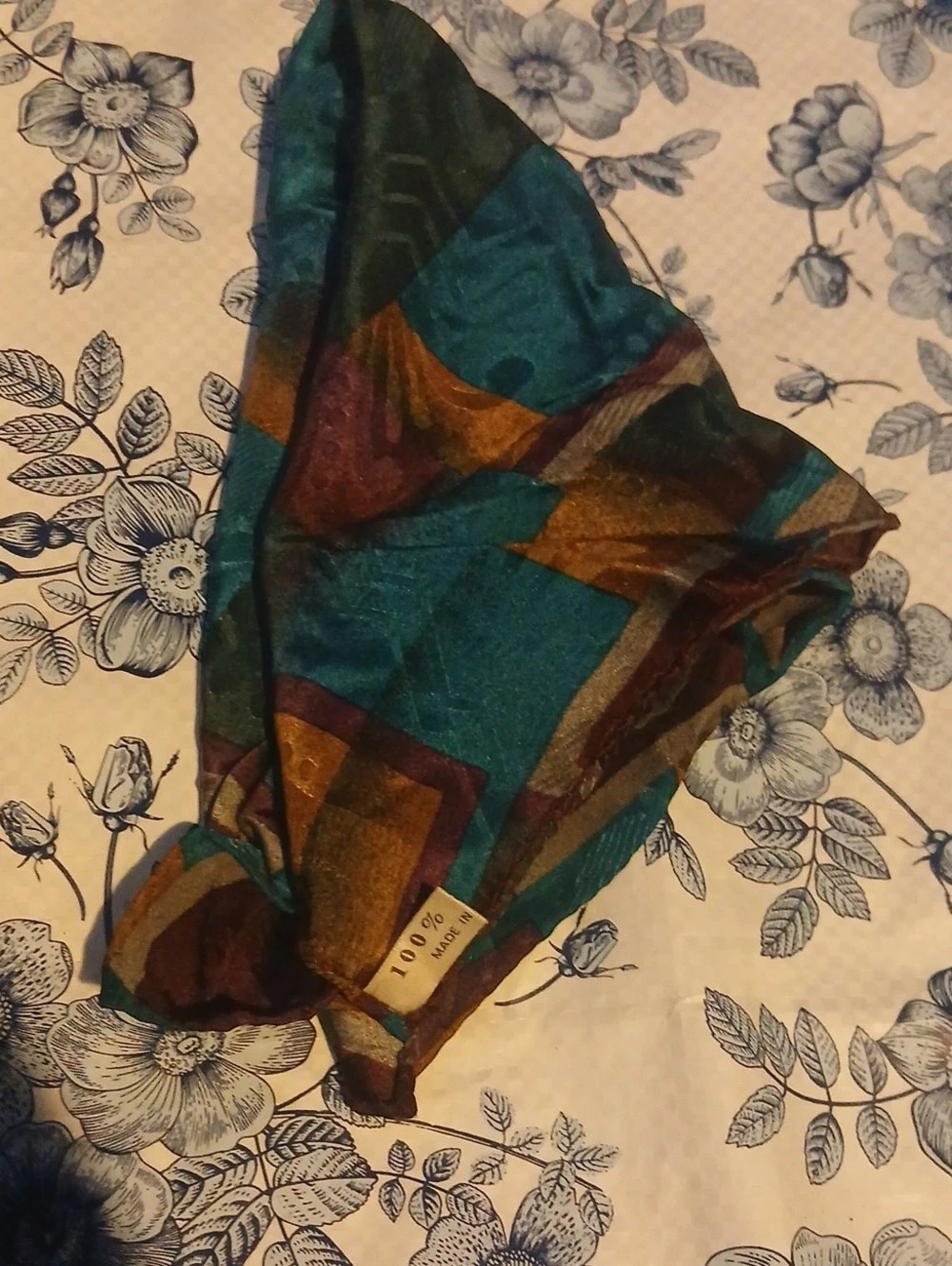 Silk Geometric Pocket Square in Blue & Brown